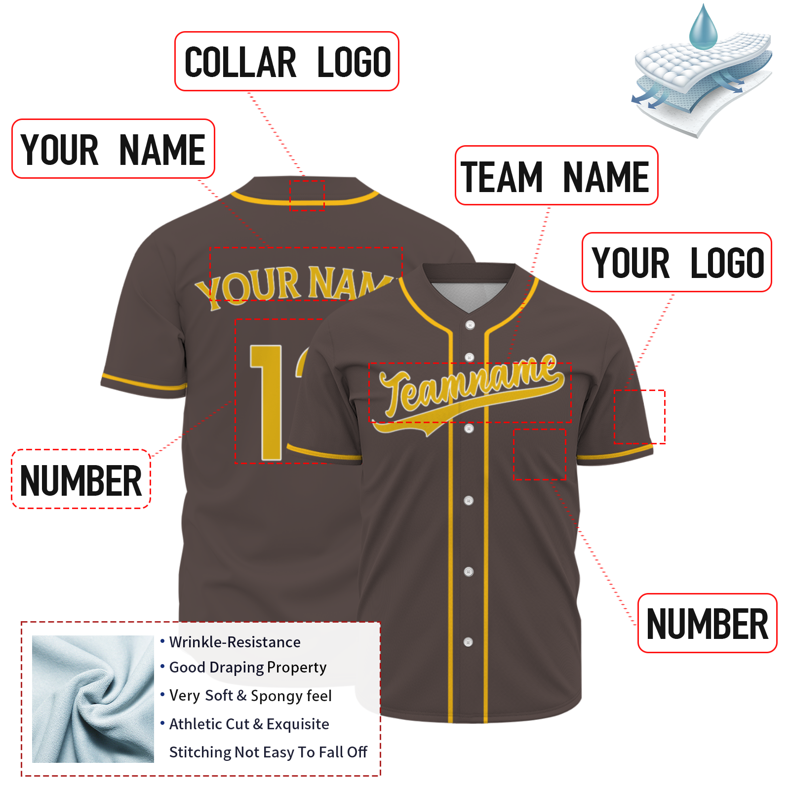 Custom Brown Yellow Fashion Design Classic Style Button Baseball Jersey