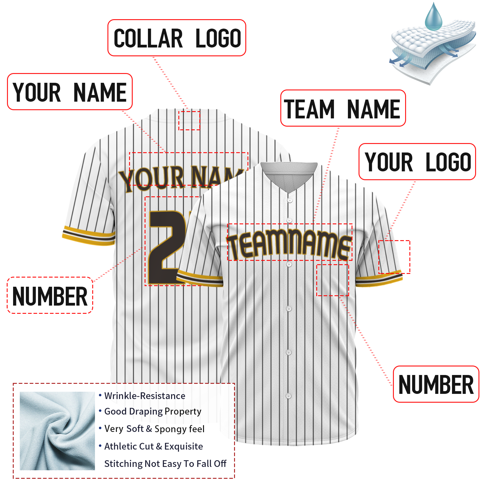 Custom White Yellow Black Stripes Fashion Design Classic Style Button Baseball Jersey