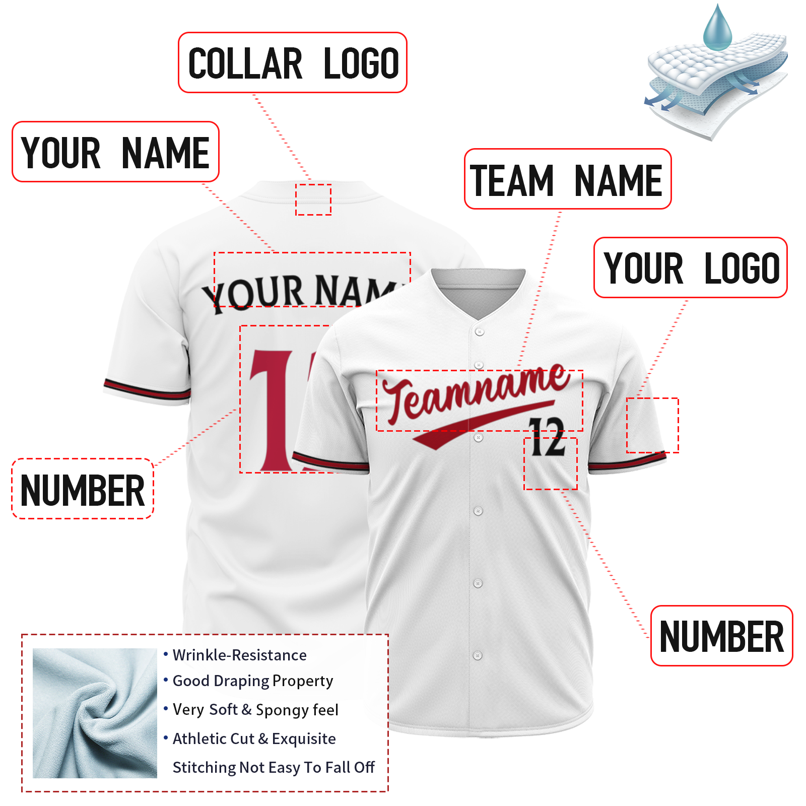 Custom  White Red Black Fashion Design Classic Style Button Down Baseball Jersey
