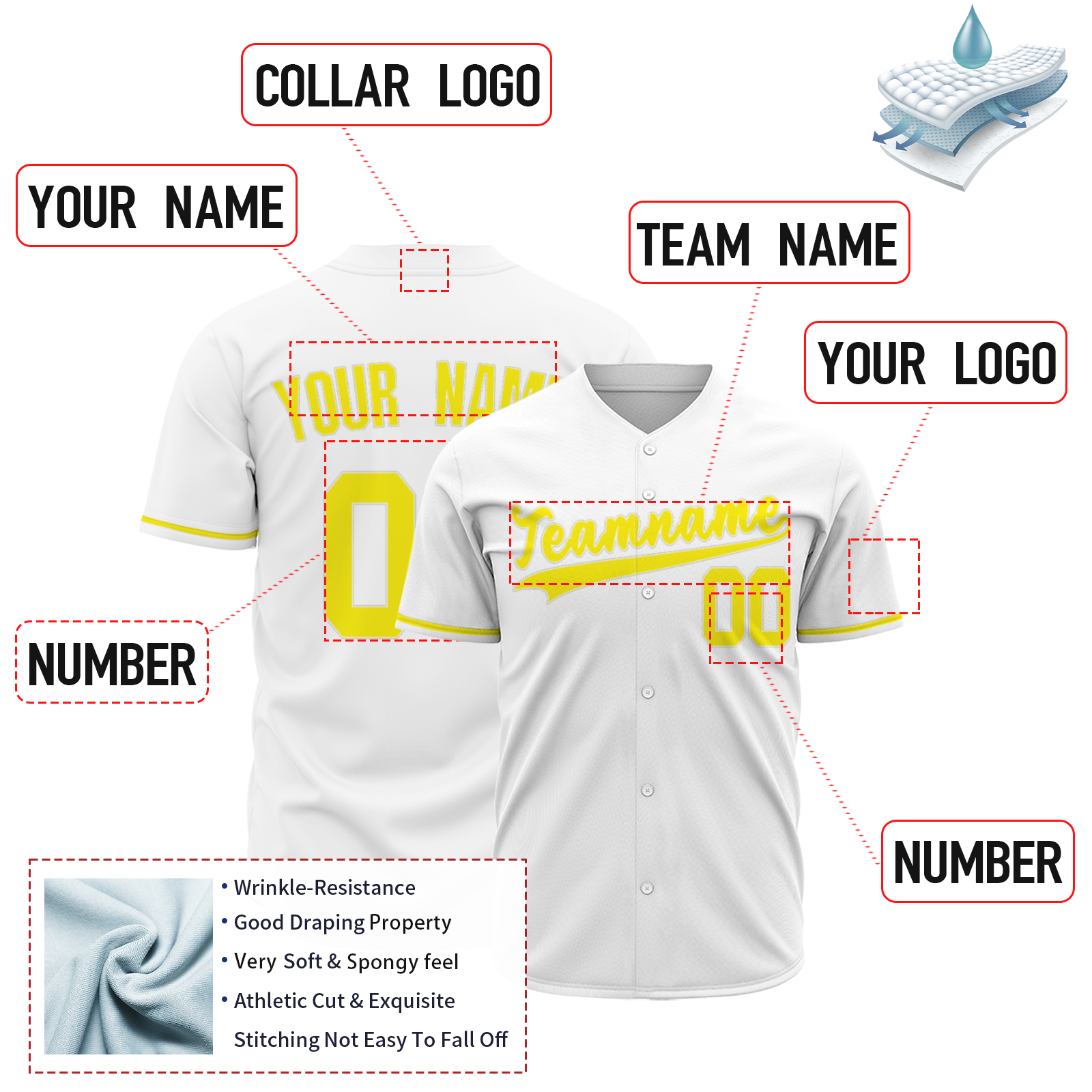 Custom White Yellow Classic Style Button Down Fashion Design Baseball Jersey
