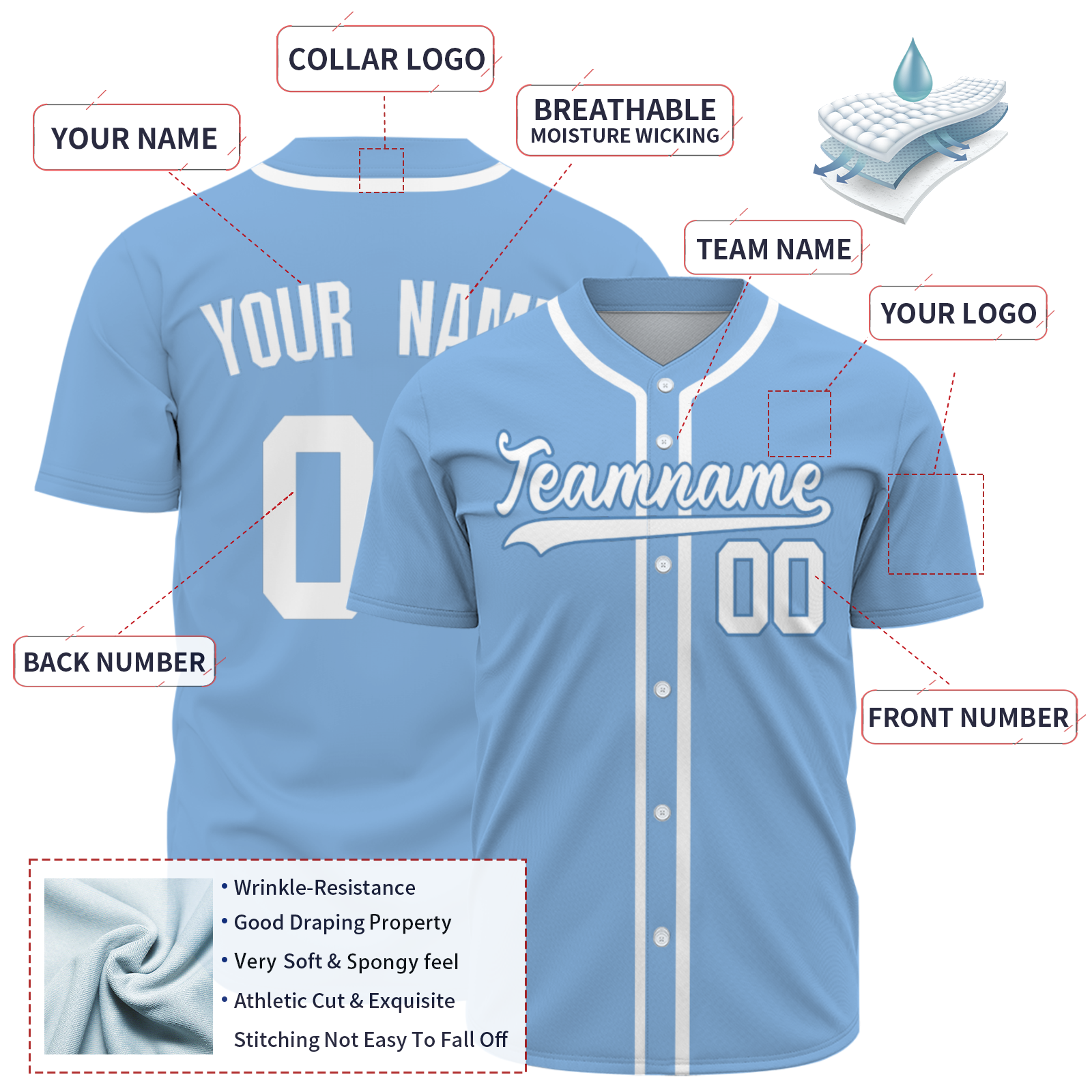 Custom Blue White Classic Style Button Down Fashion Design Baseball Jersey
